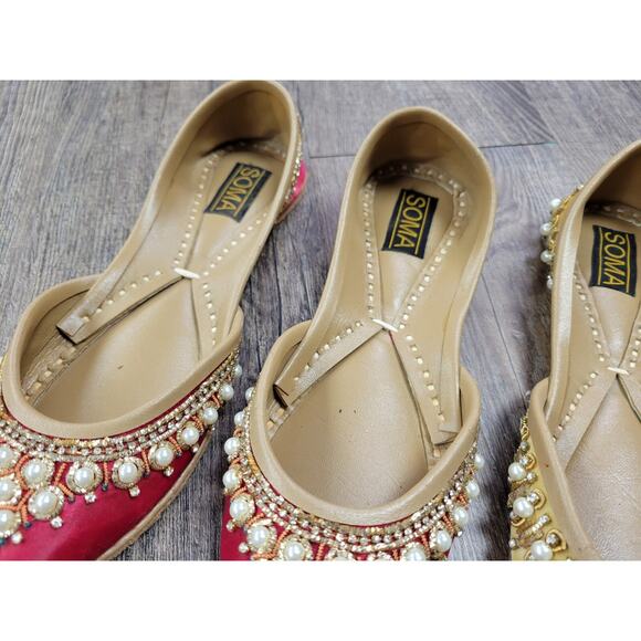 Soma Hand Artisan Made Leather Beaded Velour Pakistan Shoes 6 Flats Red Yellow - Picture 3 of 13